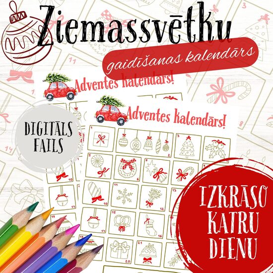 Krāsojamais Ziemassvētku adventes kalendārs bērniem, digitāls PDF un JPG fails